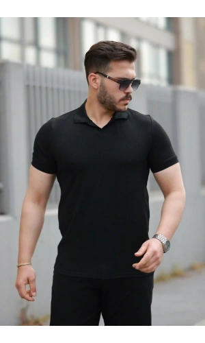 Erkek Yakalı Waffle Dokulu Kısa Kollu Tişört