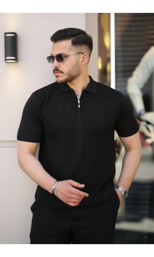 Erkek Yakası Fermuarlı Kısa Kollu T-shirt