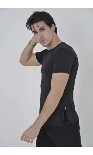 Erkek Yandan Fermuarli Slim fit T-shirt - Siyah