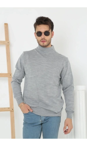 Erkek Yarım Boğaz Triko Kazak yumuşak dokulu Pamuklu ince Dokuma, uzun kollu Rahat Regular kalıp - Gri