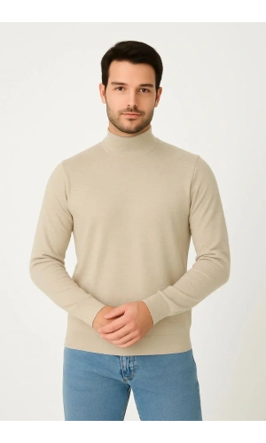 Erkek Yarım Boğaz Triko Kazak yumuşak dokulu Pamuklu ince Dokuma, uzun kollu Rahat Regular kalıp - Bej