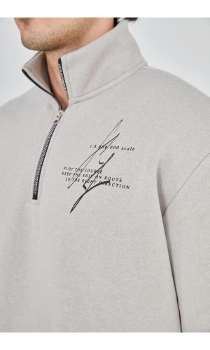 Erkek Yarım Fermuarlı Baskılı Sweat - Boyalı Gri