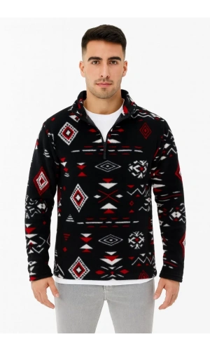 Erkek Yarım Fermuarlı Desenli Polar Sweat Tribal Etnik Desen Yakalı, Uzun Kollu, Oversize Rahat Kalıp, - Siyah