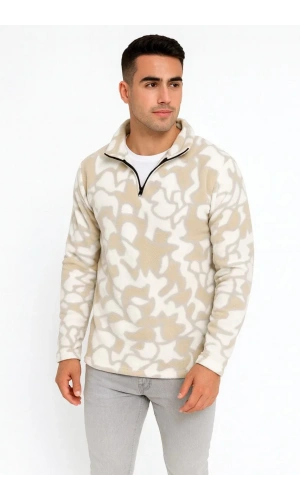 Erkek Yarım Fermuarlı Desenli Polar Sweat Yakalı, Uzun Kollu, Oversize Rahat Kalıp - Bej
