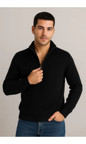 Erkek Yarım Fermuarlı Triko Kazak – Selanik Örgü, Dik Yaka, Pamuklu Dokuma, Regular Fit Uzun Kollu Kışlık Model - Siyah