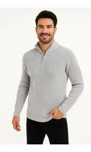 Erkek Yarım Fermuarlı Triko Kazak – Selanik Örgü, Dik Yaka, Pamuklu Dokuma, Regular Fit Uzun Kollu Kışlık Model - Gri