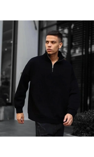 Erkek Yarım Fermuarlı Üç İplik Sweatshirt - Siyah