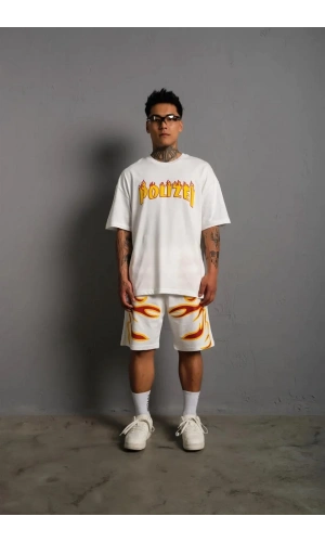 Erkek Alev Baskılı İkili Şortlu Takım - Beyaz