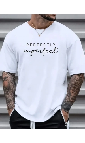 erkekler için Ön Arka Baskılı PERFECTLY günlük Kısa Kol tişört - Beyaz
