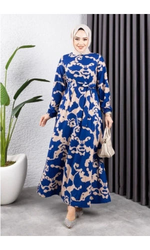 Eteği Kloş Desenli Elbise LACİVERT VİZON