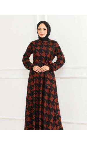 Eteği Kloş Desenli Elbise TABA SİYAH