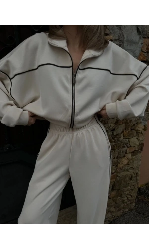 Fermuarlı Eşofman Pantolon İkili Takım - Beyaz