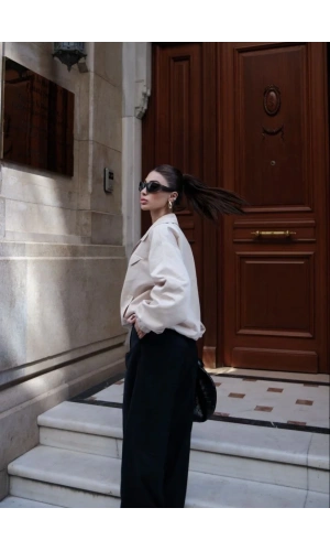 Fermuarlı Gömlek Yaka Bomber Ceket - Beyaz