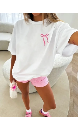 Fiyonk Baskılı Oversize Bisiklet Yaka T-shirt - Beyaz