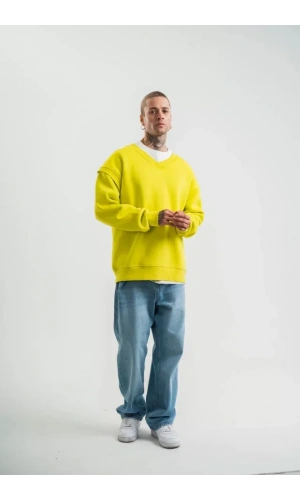 Geniş V Yaka Kol Ribana Detaylı SweatShirt - Sarı