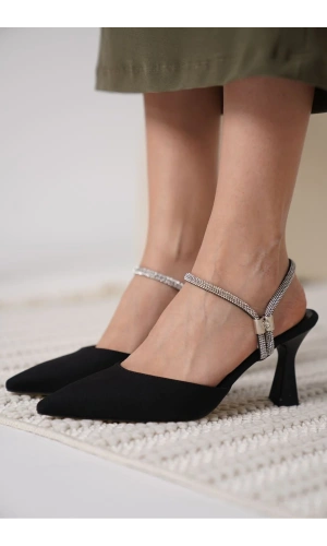 Georgina Kadın Taşlı Siyah Saten Topuklu Ayakkabı