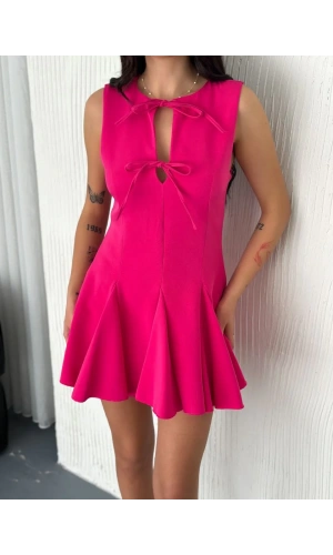 Göğüs Bağlamalı Kolsuz Mini Boy Elbise - Pembe