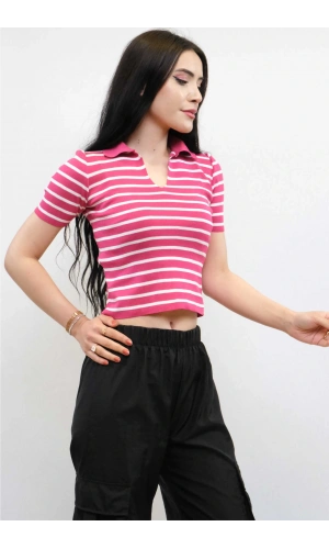 Gömlek Yaka Çizgili Triko Bluz Pembe