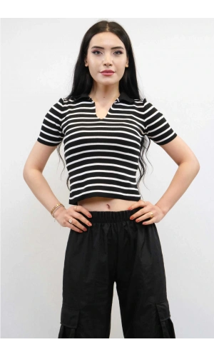 Gömlek Yaka Çizgili Triko Bluz Siyah
