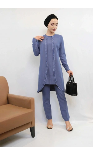 Gül İşlemeli İkili Takım MC1434  İndigo