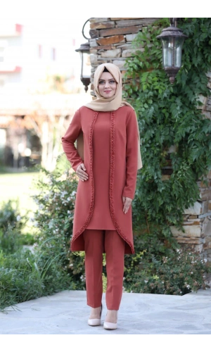 Gül İşlemeli İkili Takım MC1434 Kiremit