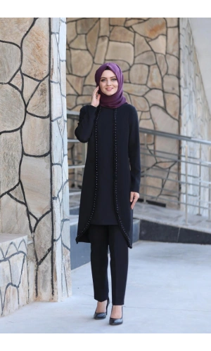 Gül İşlemeli İkili Takım MC1434 Siyah