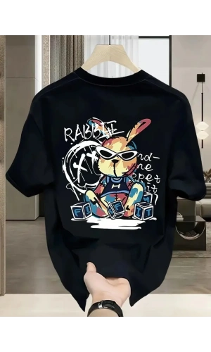 Güneş Gözlüğü Grafikli Karikatür Tavşan Oversize Kısa Kollu Tişört Çift Tişört, İlkbahar Ve Yaz- Siyah