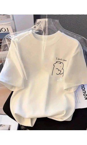 [Günlük T-Shirt] Hafif Kadın Günlük T-Shirt | Bol Kesim, Kısa Kollu, Yuvarlak Yaka, Eğlenceli Karikatür Ayı ve Umrumda Değil Baskı - Günlük Stil, İlkbahar/Yaz- Beyaz