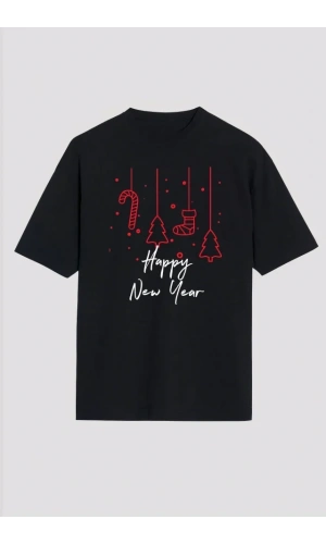 Happy New Year Baskılı T-shirt - Siyah