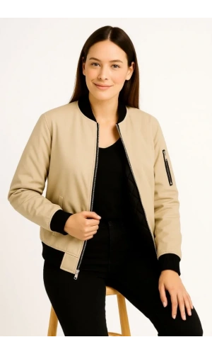 Içi Astarlı Fermuarlı Bomber Mont Ceket - Bej