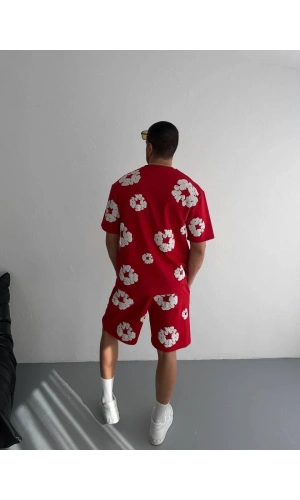 İki İplik Kumaş Baskılı T-shirt Şortlu Takım- Kırmızı