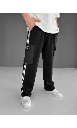 İki İplik Kumaş Kargo Cepli Şeritli Alt Esofman - Siyah