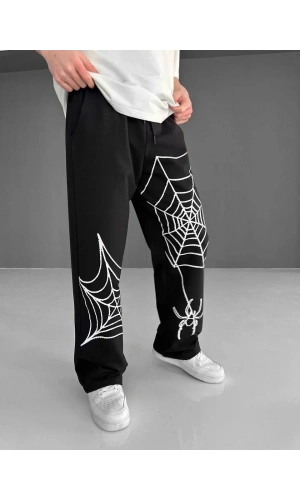 İki İplik Kumaş Örümcek Baskılı Esofman - Siyah