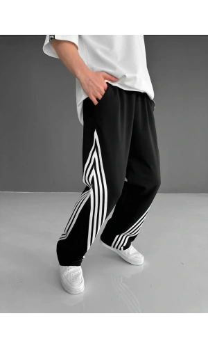 İki İplik Kumaş Şeritli Alt Esofman - Siyah