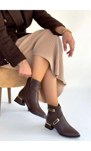 İnay Kahverengi Cilt Topuklu Bot
