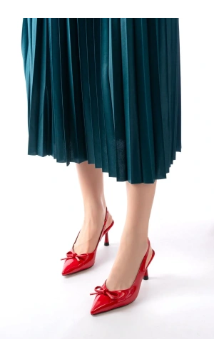 İNF-4500 Kırmızı Rugan Günlük Arkası Açık Fiyonklu Topuklu Bayan Ayakkabı