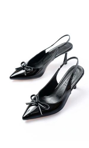 İNF-4500 Siyah Rugan Günlük Arkası Açık Fiyonklu Topuklu Bayan Ayakkabı