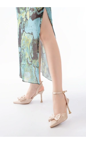 İNF-4505 Bej Saten Günlük Arkası Açık Kurdele detaylı Topuklu Bayan Ayakkabı