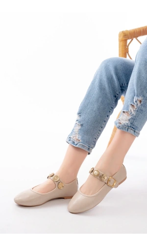 İNF-6363 Bej Baret Tokalı Günlük Bayan Ayakkabı