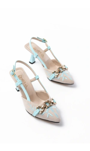 K-250 Mavi Keten Günlük Arkası Açık Tokalı Topuklu Kadın Ayakkabı