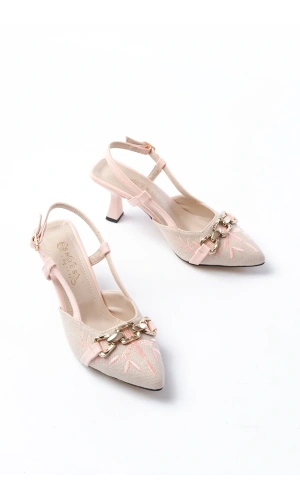 K-250 Pudra Keten Günlük Arkası Açık Tokalı Topuklu Kadın Ayakkabı