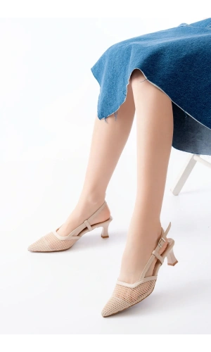 K-607 Bej Günlük Fileli Arkası Açık 7 cm Topuklu Bayan Ayakkabı