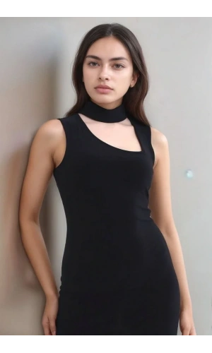 Kadın Asimetrik Yaka Sandy Kumaş Fırsat Ürün Diz Üstü Elbise