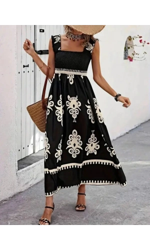 Kadın Askılı Kare Yaka Gipe Detaylı Desenli Suprem Elbise