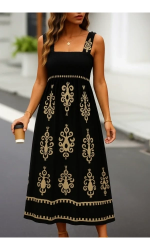 Kadın Askılı Kare Yaka Gipe Detaylı Desenli Suprem Elbise