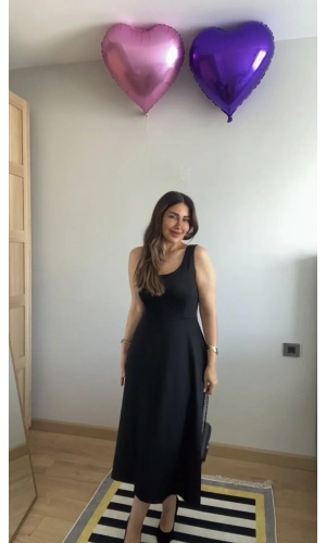 Kadın Askılı Kare Yaka Yırtmaçlı Midi Janjan Krep Elbise