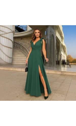 Kadın Askılı Omuzdan Bağlamalı Kruvaze Yakalı Uzun Yırtmaçlı Janjan Krep Elbise