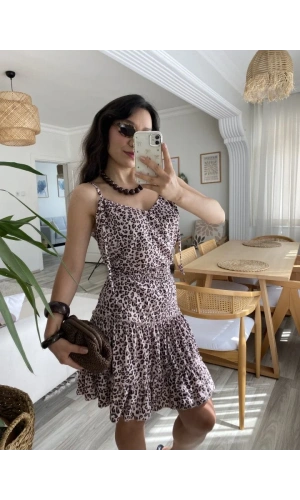 Kadın Askılı V Yaka Beli Pileli Leopar Desen Eteği Fırfırlı Süprem Elbise