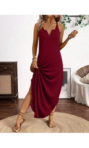 Kadın Askılı Yuvarlak Yaka Asimetrik Detaylı Viskon Elbise