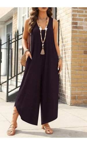 Kadın Askılı Yuvarlak Yaka Cepli Salaş Uzun Viskon Tulum